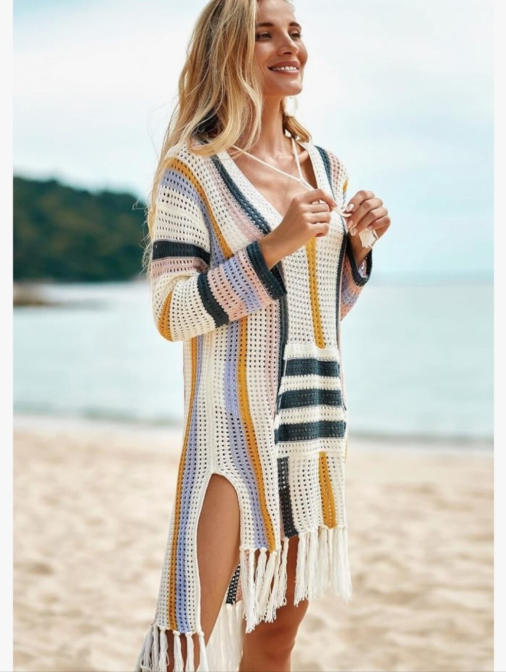 Women’s Crochet Stripe Beach Cover-Up in Cream & Multicolor - Picture 2 of 5